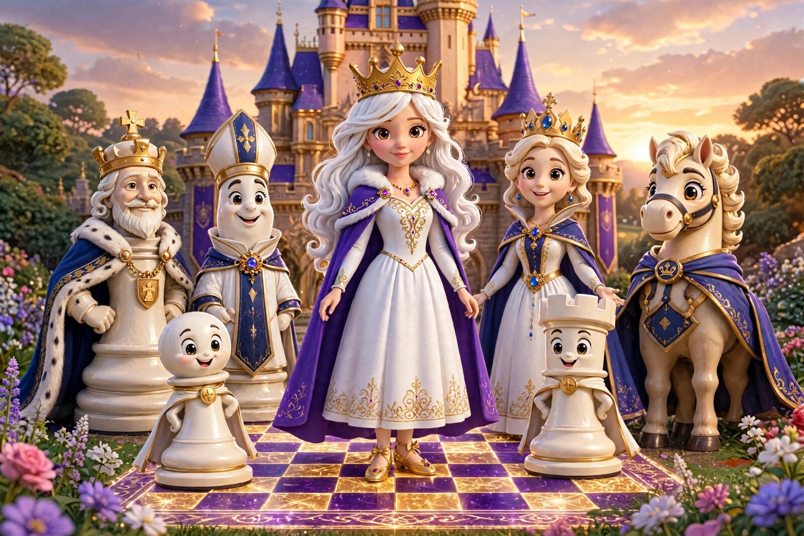 Familia Regală și Prințesa Albă în fața palatului
